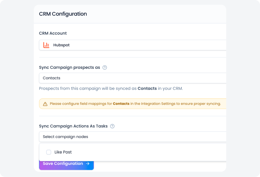 Step 3 to integrate Flowkon linkedin automation software with HubSpot – map HubSpot fields, sync campaign prospects as contacts, select campaign actions as tasks and launch outreach