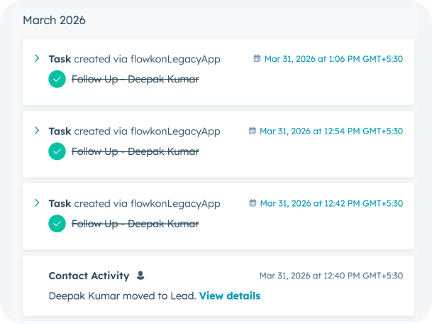 Flowkon linkedin outreach automation generating HubSpot task records for every campaign action with subject, date and activity type in the contact timeline