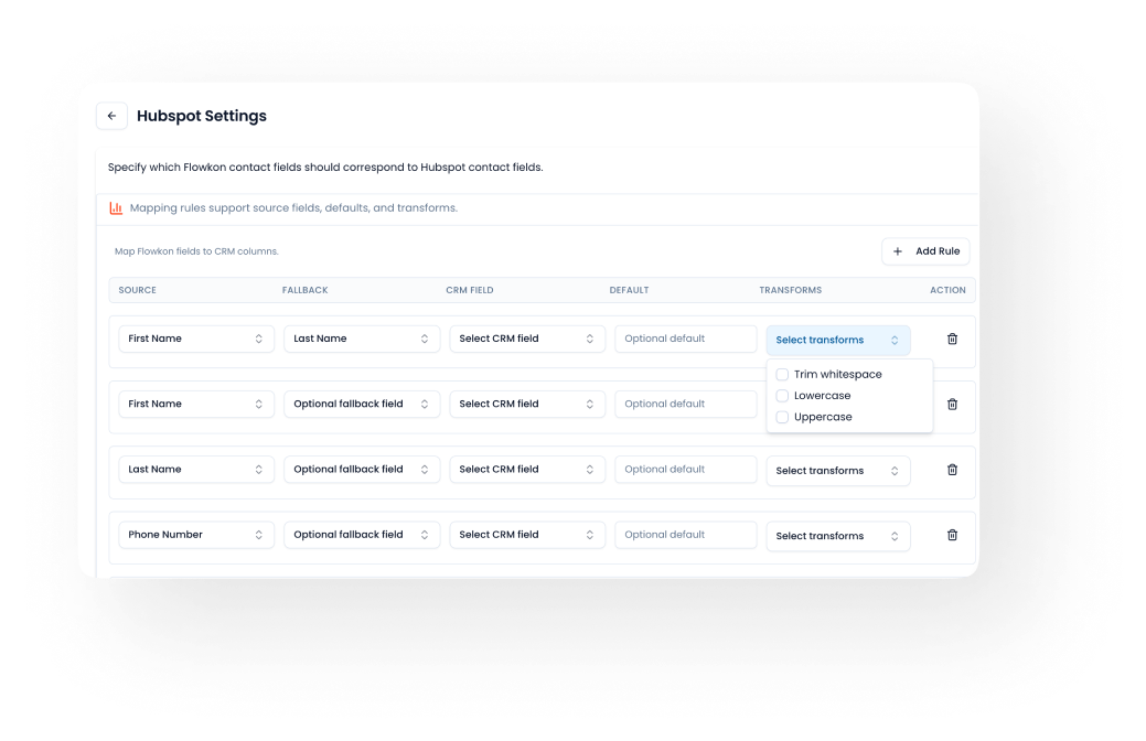 Flowkon linkedin automation tools mapping any field to HubSpot contact fields using source, fallback, default and transform options for precise data sync