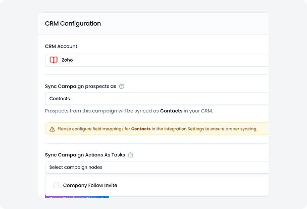 Step 3 to integrate Flowkon linkedin automation tools with Zoho CRM – choose prospect sync type as contacts, link Zoho campaign, select campaign actions as tasks like View Profile and Follow Profile, then launch outreach