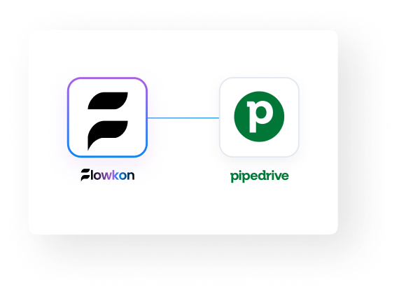 One-way sync diagram from Flowkon to Pipedrive – showing how Flowkon's LinkedIn outreach automation tools push prospect data into Pipedrive CRM for sales pipeline visibility and LinkedIn sales automation