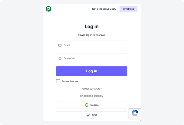 Step 2: Authorise your account – Pipedrive OAuth login screen with email and password fields, Log in button, and options to sign in via Google or SSO