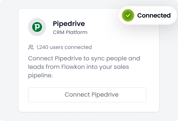 Step 3: Configure and launch – Flowkon CRM Configuration panel showing Pipedrive account selected, lead sync settings, campaign prospect mapping as Contacts, and campaign actions sync options