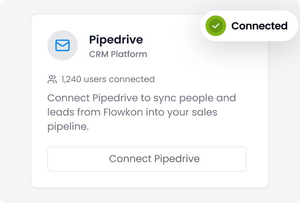 Step 3: Configure and launch – Flowkon CRM Configuration panel showing Pipedrive account selected, lead sync settings, campaign prospect mapping as Contacts, and campaign actions sync options