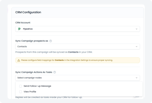 Step 3: Configure and launch – Flowkon CRM Configuration panel showing Pipedrive account selected, lead sync settings, campaign prospect mapping as Contacts, and campaign actions sync options