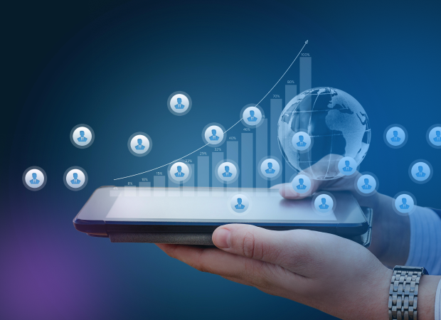 Professional reviewing LinkedIn outreach results on a tablet, with Flowkon case study showing 65% increase in response rates and doubled qualified leads using LinkedIn automation tools