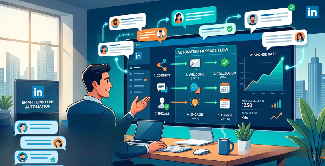 LinkedIn automation tools dashboard showing safe message automation workflow with connection requests and follow ups in 2026