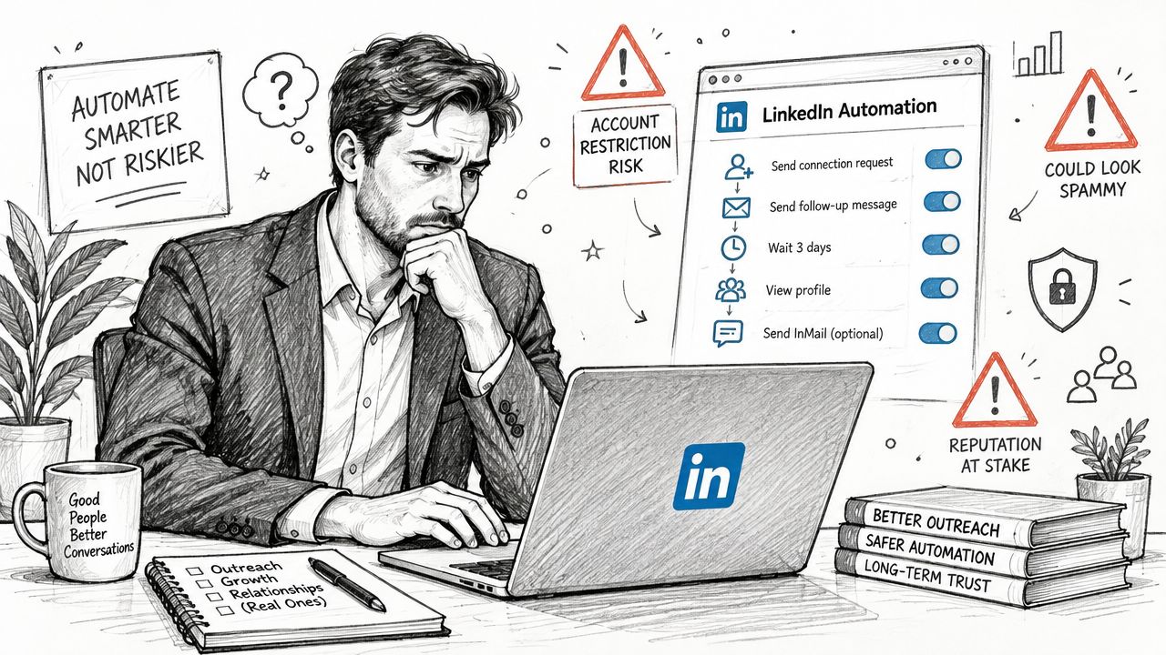 A businessman thoughtfully considering the risks and benefits of automated outreach tools for LinkedIn lead generation.