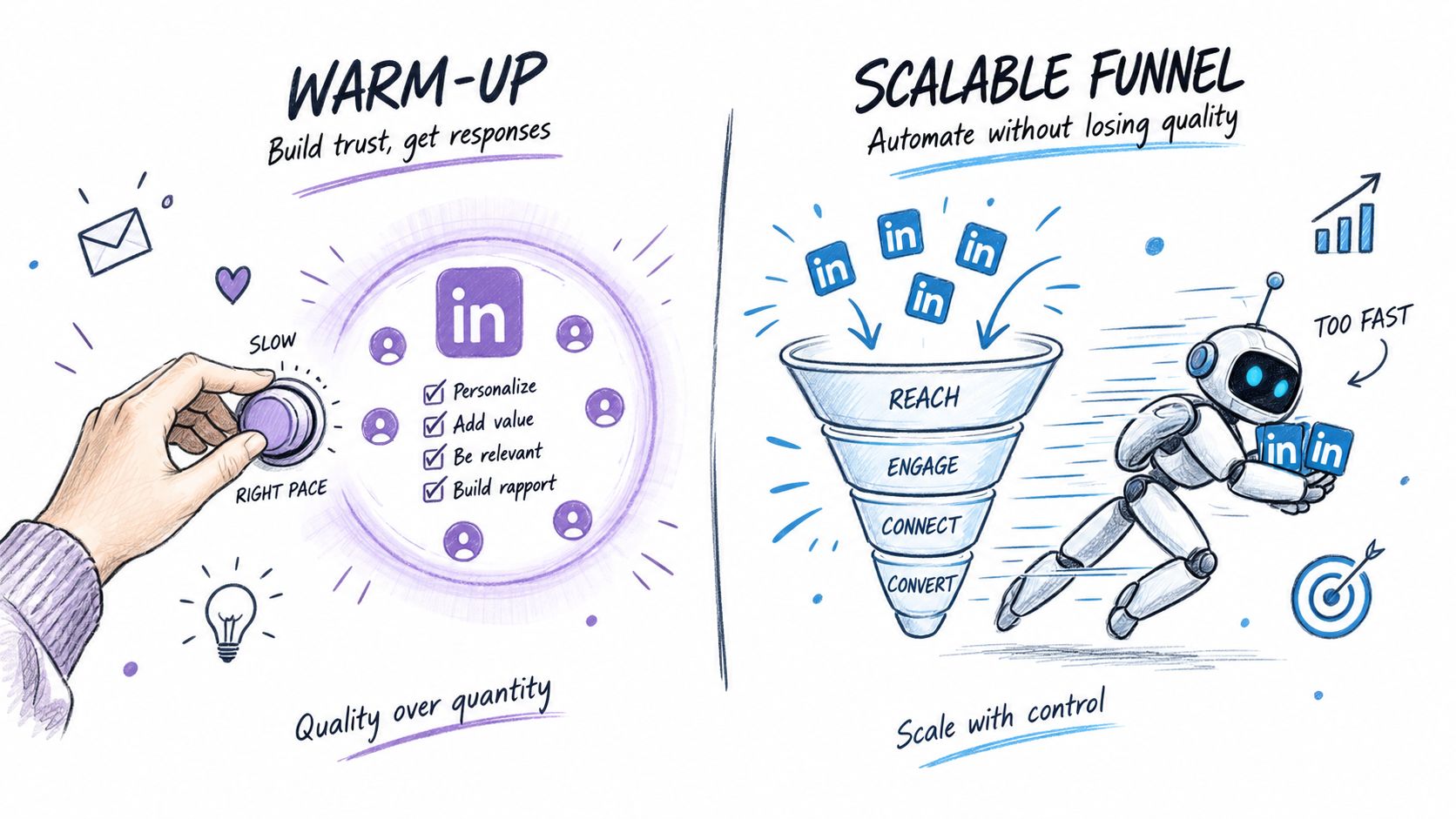 An illustration comparing manual LinkedIn warm-up techniques with automated scalable funnel strategies for business outreach.