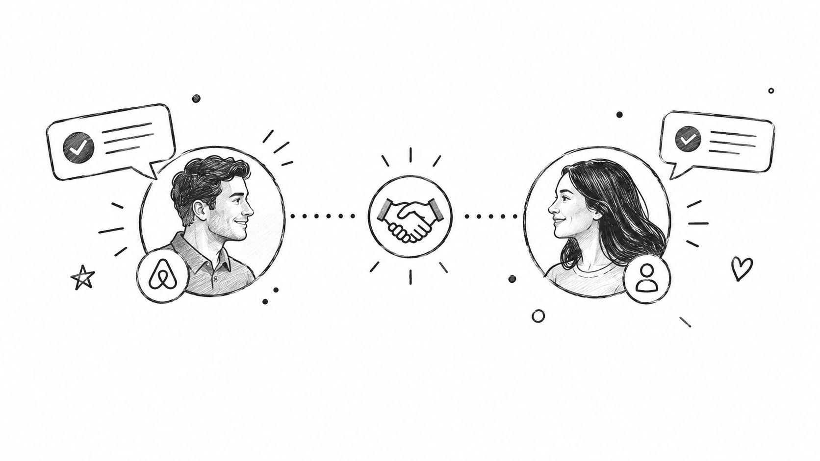 A sketched illustration showing a man and a woman connecting with an Airbnb logo and a handshake icon.