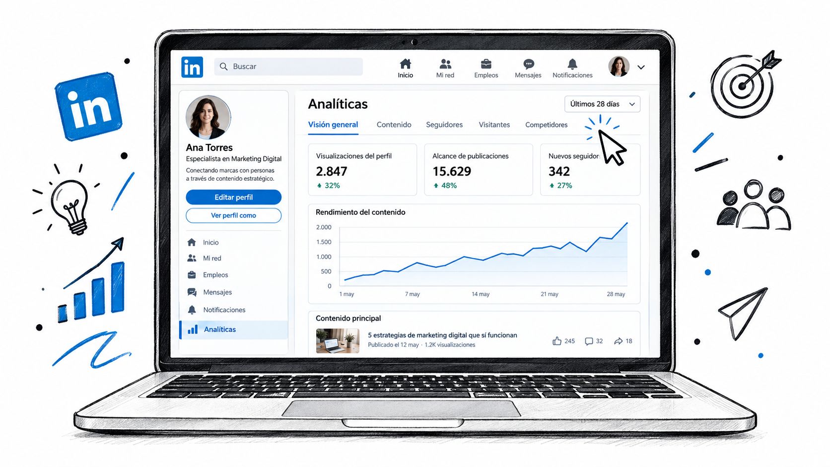 A digital illustration of a laptop showing LinkedIn analytics dashboard with metrics and growth charts.