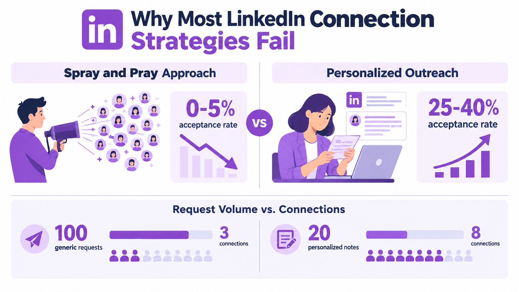 An infographic comparing LinkedIn connection strategies, showing high acceptance rates for personalized outreach versus low spray-and-pray results.