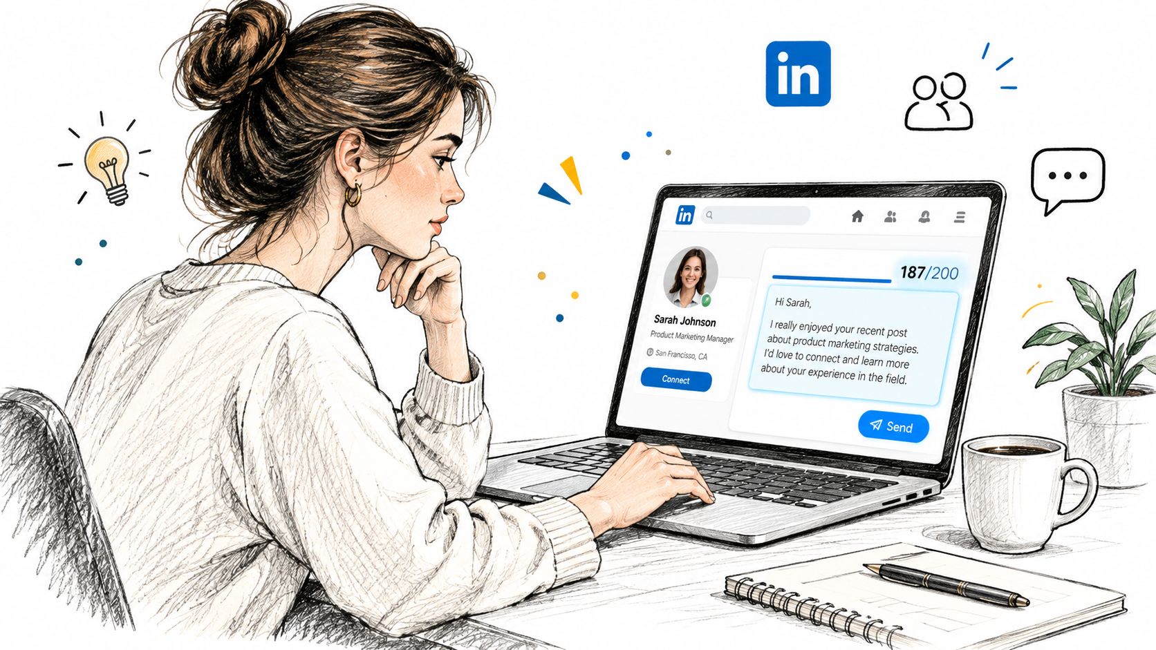 A woman sketching and typing a professional connection request message on a laptop using the LinkedIn platform.