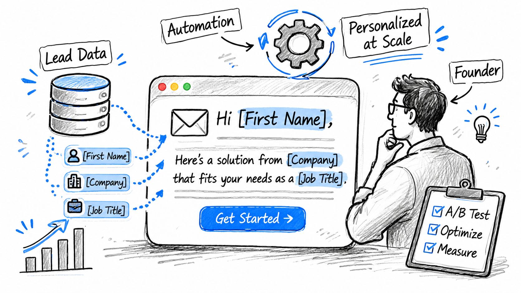 A hand-drawn illustration showing automated outreach personalization using lead data to customize emails for specific job titles.