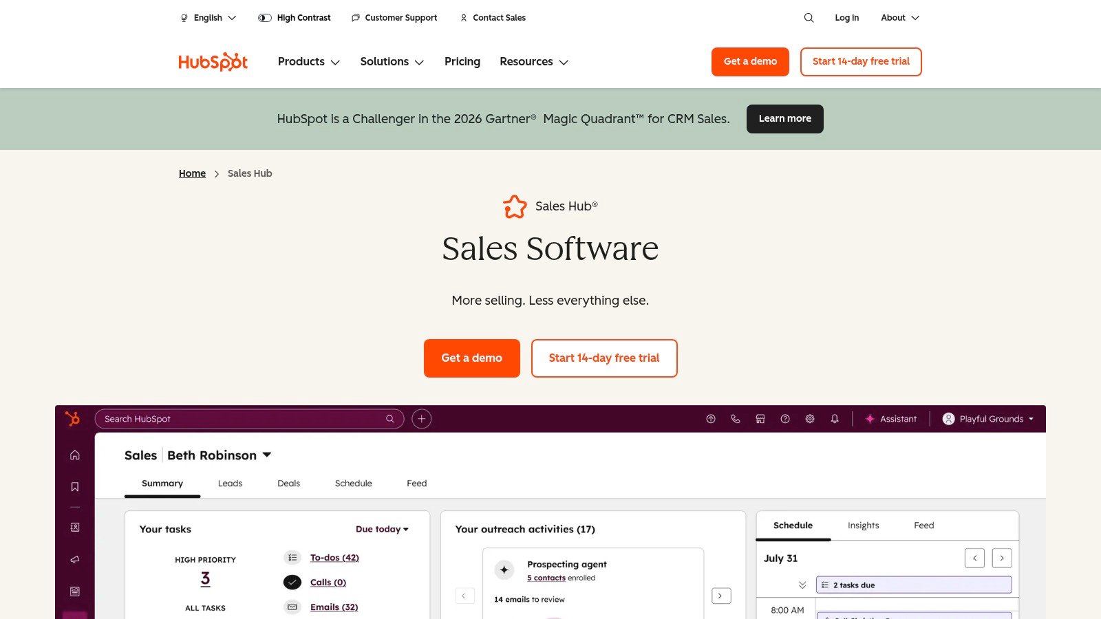 HubSpot Sales Hub homepage screenshot