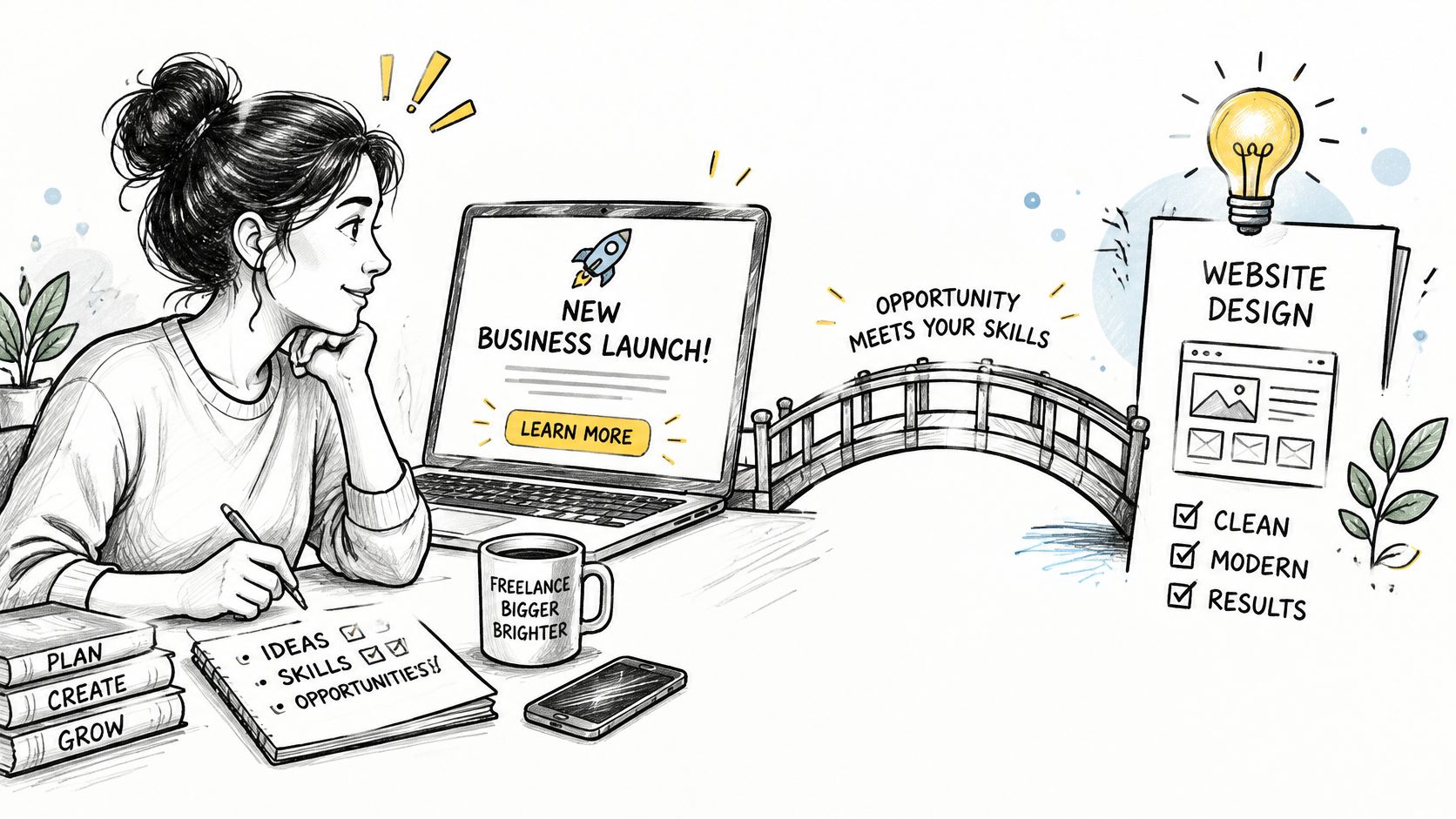 A woman sketching business ideas at her desk, connecting her skills to website design and entrepreneurship.