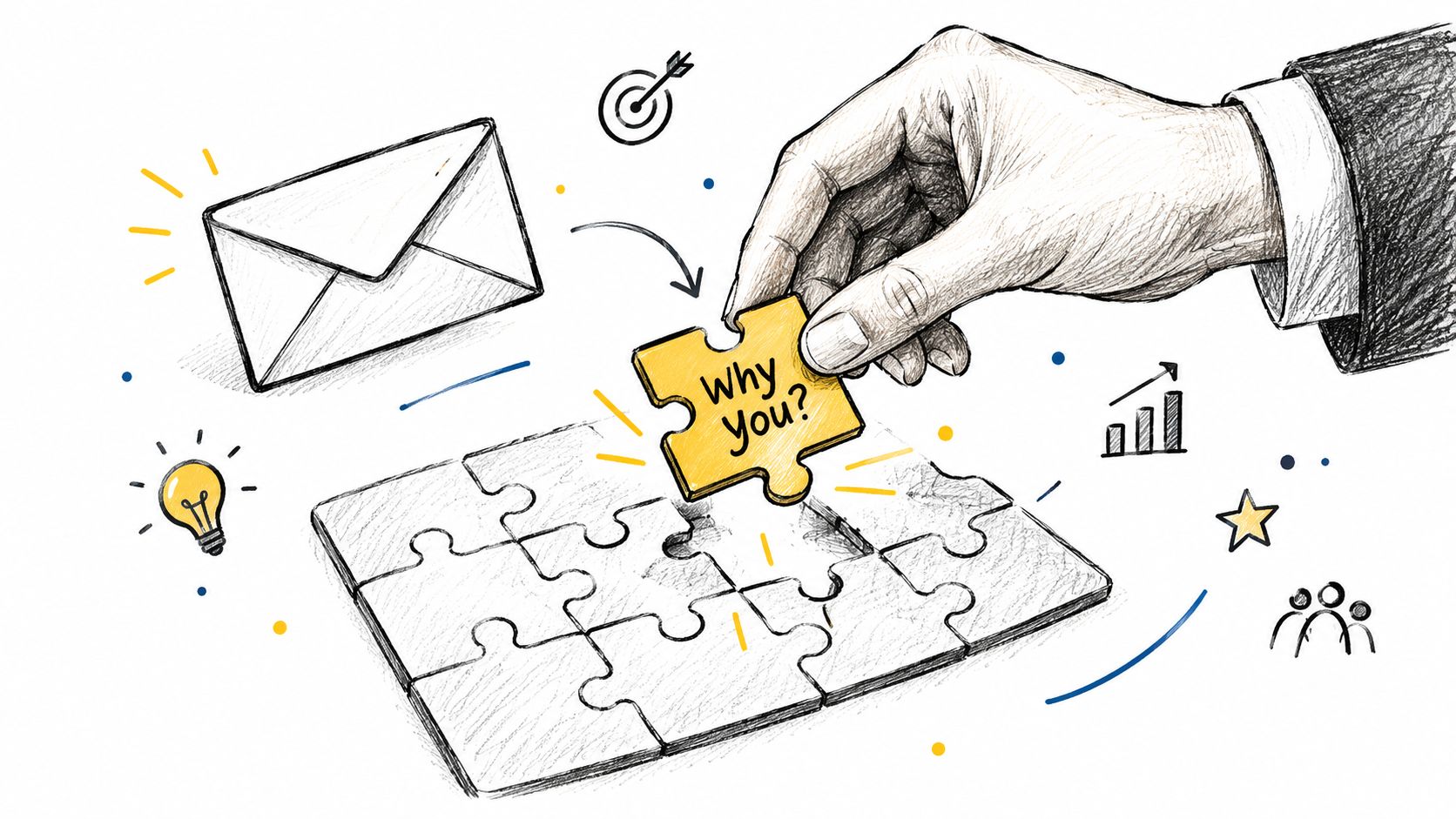 A hand placing a puzzle piece labeled Why You? onto a puzzle near an email envelope sketch.