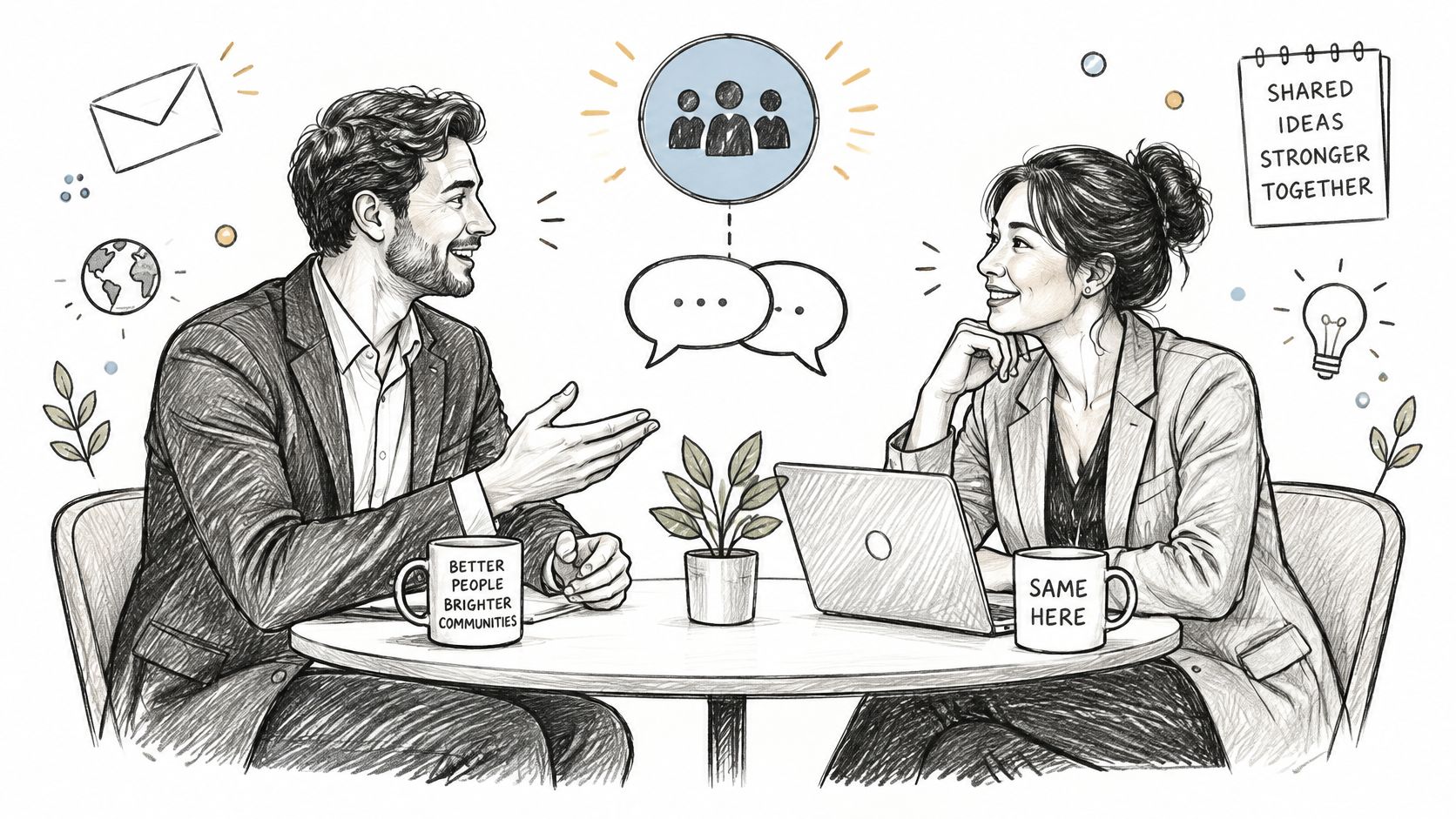 A professional man and woman sitting at a table discussing business ideas in an office setting.