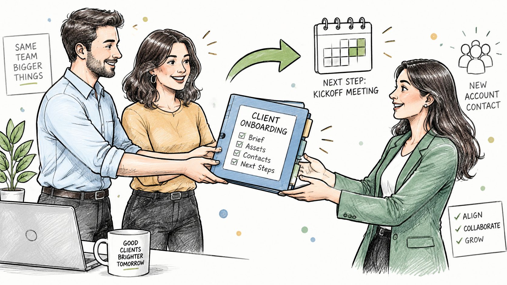 A professional team handing a client onboarding folder to a new account contact during a collaborative meeting.