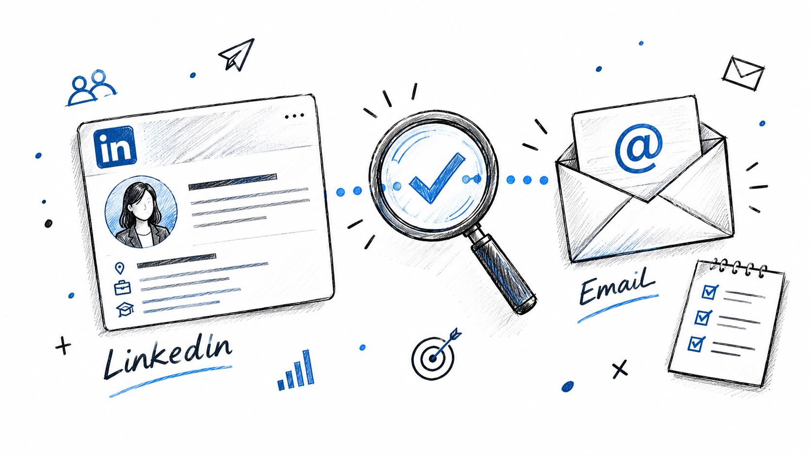 A hand-drawn illustration showing a LinkedIn profile, a magnifying glass with a checkmark, and an email envelope.