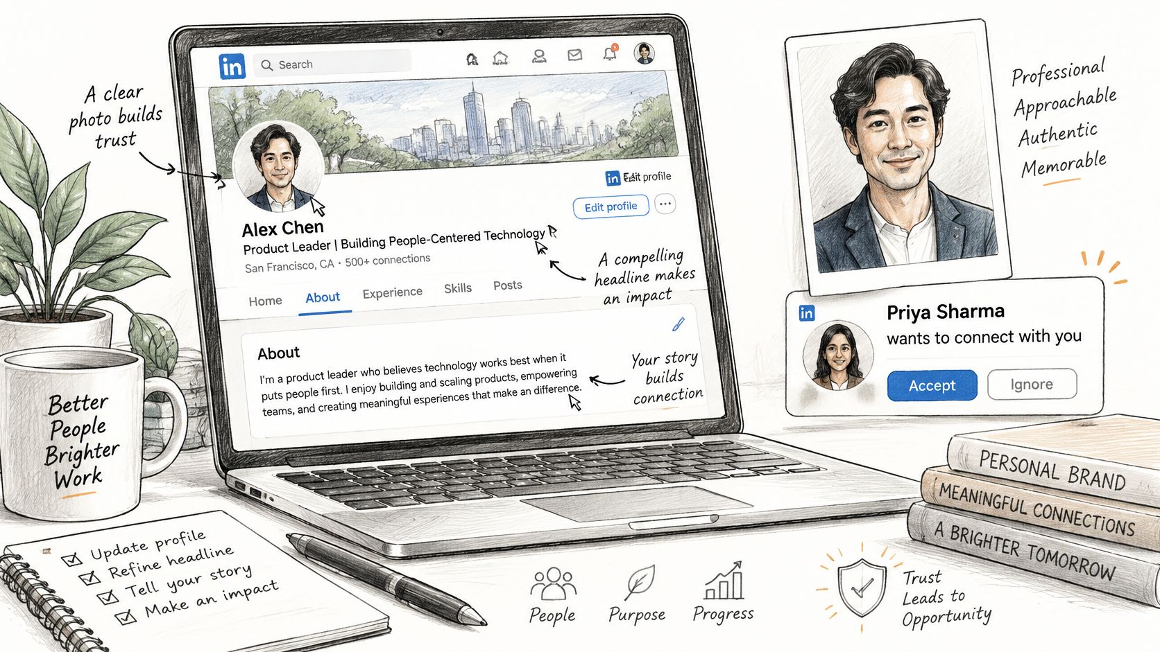 A digital illustration showing a laptop displaying a LinkedIn profile with tips on optimizing professional branding.