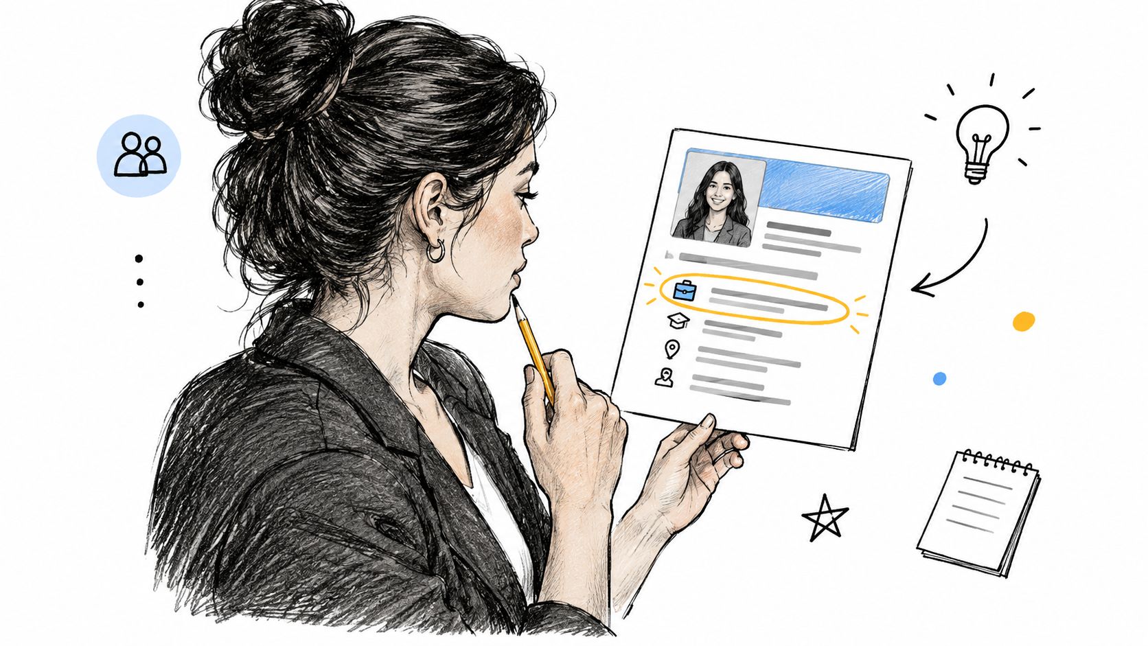 A professional reviewing a LinkedIn profile while holding a pencil.