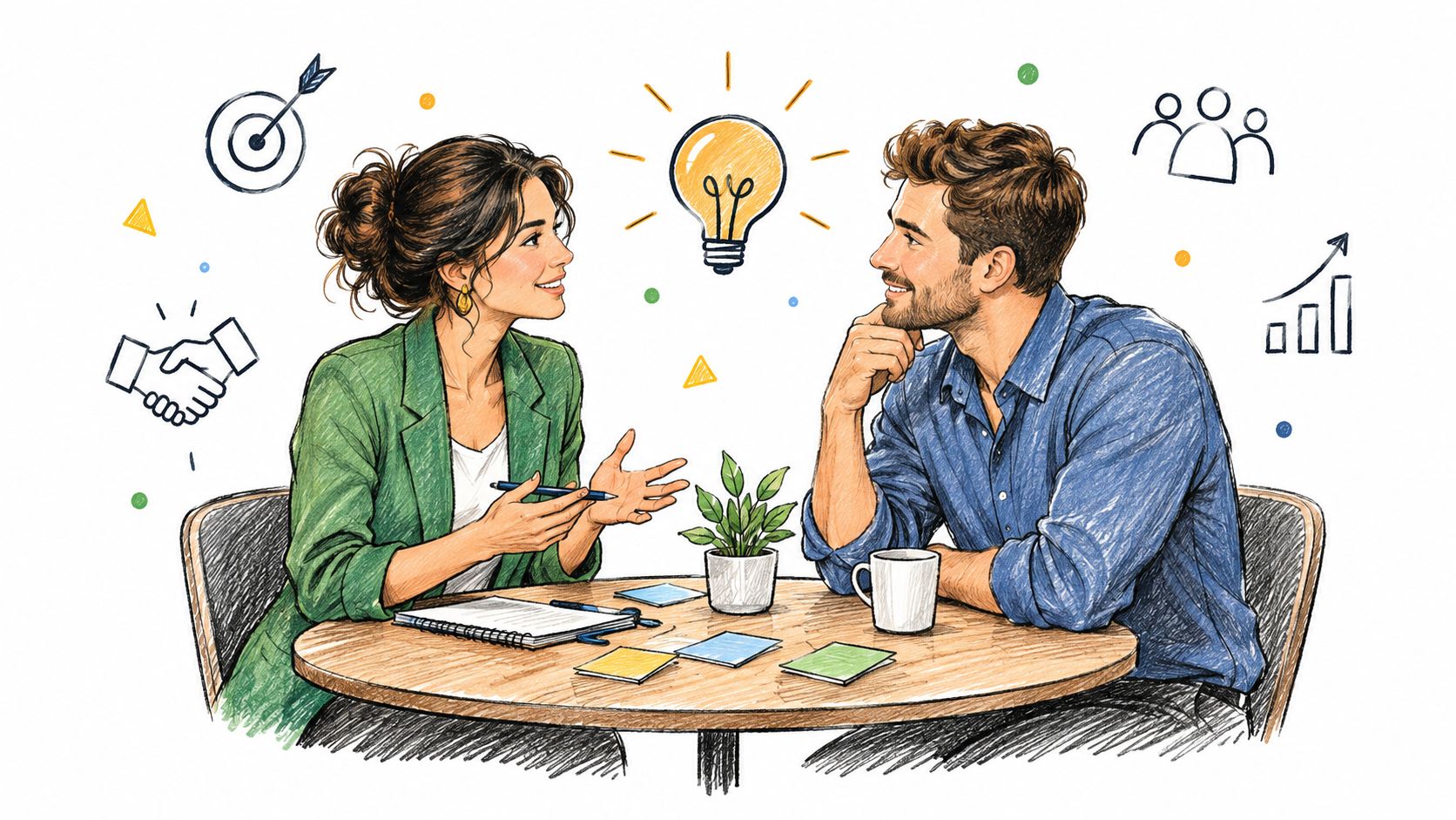 Two professionals discussing work at a table.