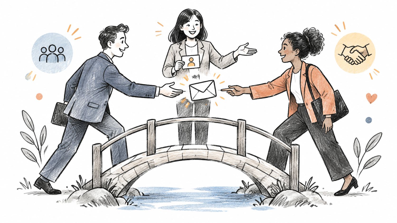 A professional illustration of a woman connecting a man and a woman across a bridge with an email.