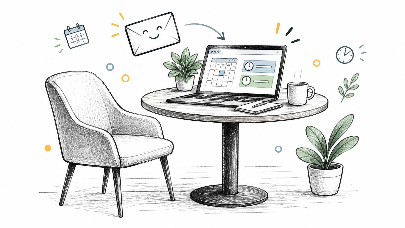 A pencil sketch of a home office workspace featuring a laptop, email icon, chair, and plants.