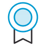 Blue circular seal with two concentric rings and a ribbon at the bottom resembling an assurance or certification badge.