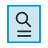 Blue magnifying glass icon above three horizontal lines on a blue square background.