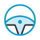 Blue steering wheel icon with a minimalist design.