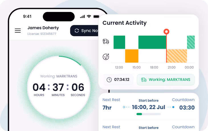 Mobile app screen showing a timer with 4 hours 37 minutes and 6 seconds working on MARKTRANS, current activity bar graph timeline, and next rest countdown details.