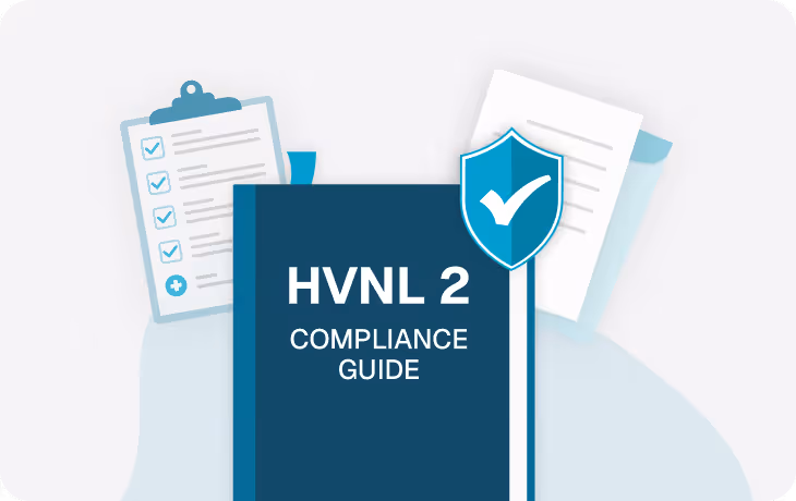 Illustration of a blue compliance guide titled 'HVNL 2' with a shield and checkmark, flanked by a checklist clipboard and papers.