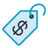 Blue price tag icon with a dollar sign on it.