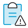 Blue clipboard with a black handle and a black warning triangle containing an exclamation mark on the bottom right.