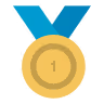 Gold medal with number one and blue ribbon.
