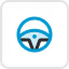 Blue steering wheel icon inside a square with rounded corners.