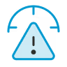 Warning symbol with an exclamation mark inside a triangular caution sign, combined with a speedometer gauge above it.