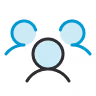 Icon of three blue human figures surrounding and connected to a central circle, representing a team or network.