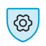 Blue shield with a black gear icon in the center representing a safety system.