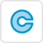 Blue circular chat icon with a speech bubble shape inside.