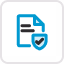 Icon of a document with a checkmark and a shield symbol on a blue background.