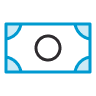 Blue and black stylized illustration of a paper banknote with a central circle symbolizing currency.