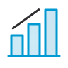 Icon of a blue ascending bar chart with three bars increasing in height from left to right and an upward trending arrow above.