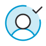 Blue circular icon with a person silhouette and a black checkmark in the upper right corner.