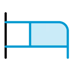 Simple icon of a hospital bed with a light blue mattress and light blue bed frame on a white background.