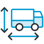 Blue delivery truck icon with double-headed arrows indicating height and length dimensions.