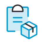 Icon of a clipboard with three lines representing text and a small closed cardboard box placed in front of it.