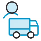 Icon of a person avatar above a delivery truck symbolizing shipping or delivery service.